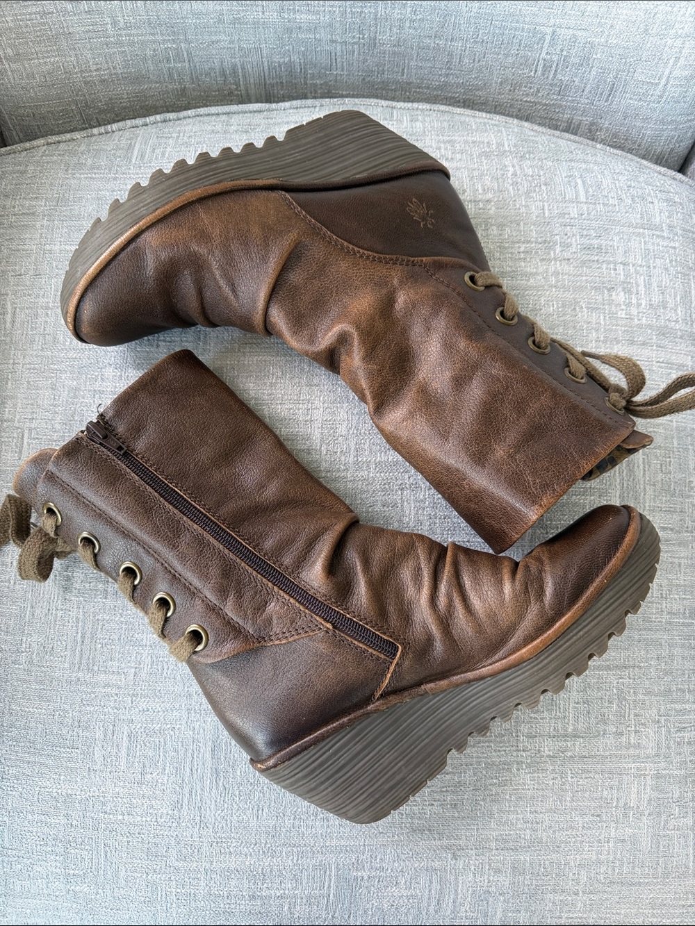 Fly London Yada Brown Leather Tie Back Wedge Calf Boots Women's EU 39 US 8/8.5 - Picture 2 of 11